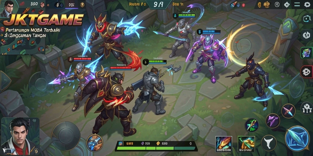 Screenshot JKTGAME menampilkan pertarungan tim yang intens di arena MOBA.