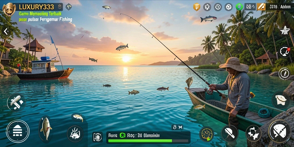 Screenshot utama gameplay LUXURY333, menampilkan aksi memancing yang seru.