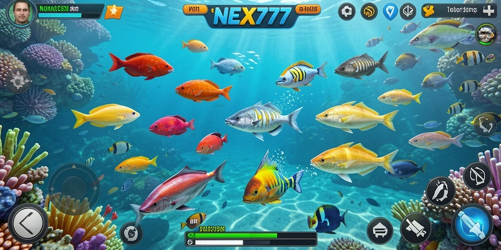 Gameplay NEX777 menampilkan aksi seru menangkap ikan di bawah laut.