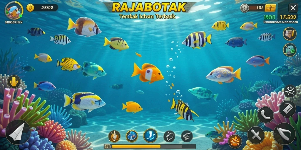 Gameplay seru dalam RAJABOTAK, menembak ikan yang berwarna-warni.