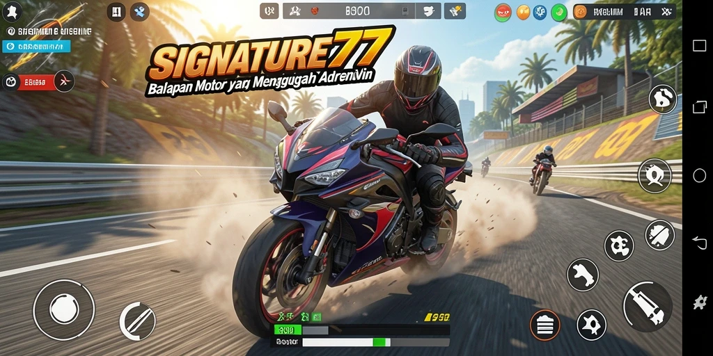 Tangkapan layar yang menunjukkan aksi balapan sepeda motor yang seru.